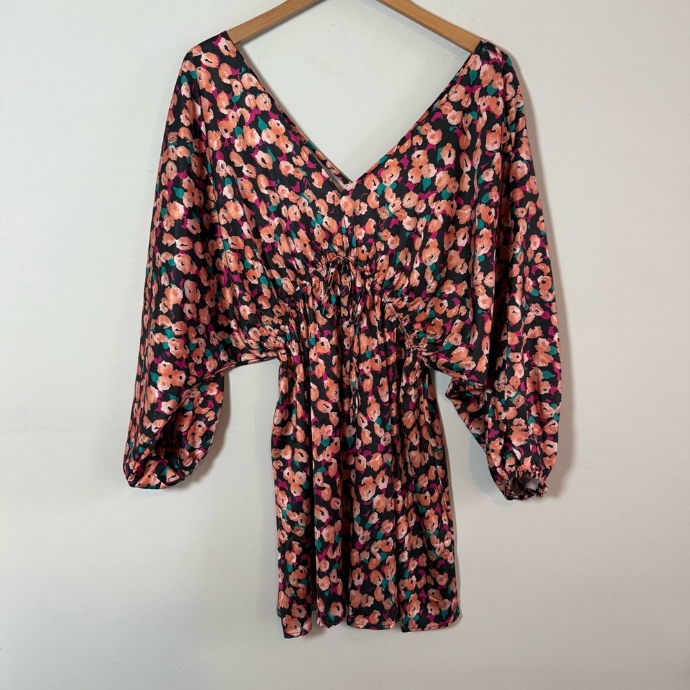 Flying Tomato V-Neck Floral Long Sleeve Mini Dress, Size L, Offers Welcome